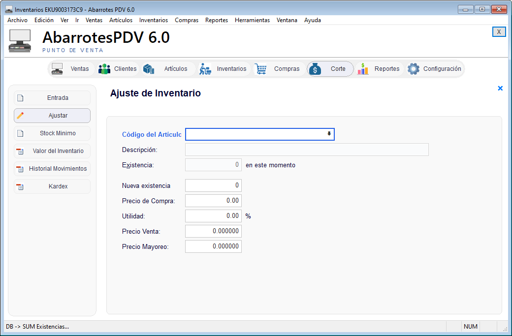 Pantalla Ajuste de inventario - Abarrotes punto de venta