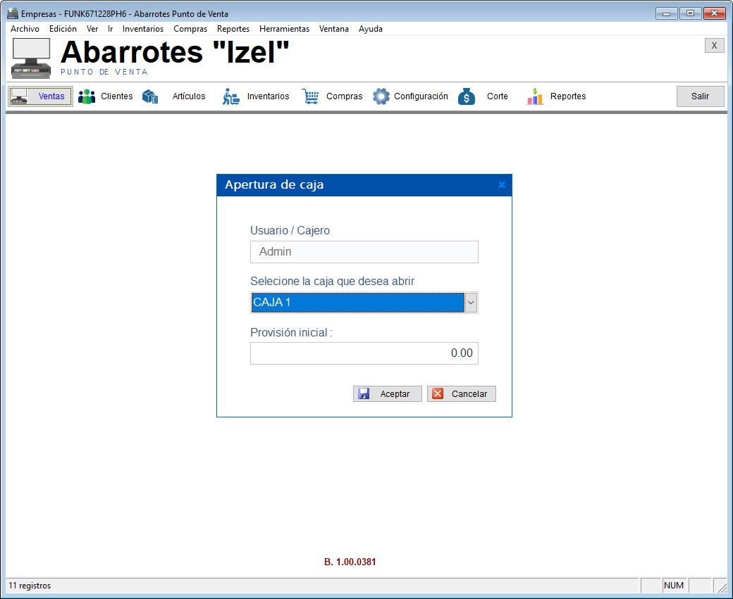 Pantalla Apertura de caja - Abarrotes punto de venta